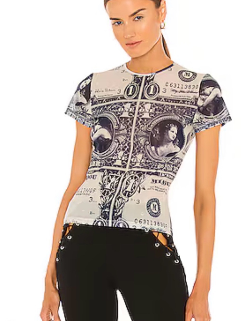 Miaou White and Black Dollar-Print Short Sleeve Zip Top